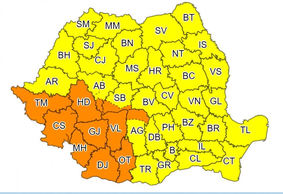 Cod portocaliu de ploi puternice și vijelii în Gorj